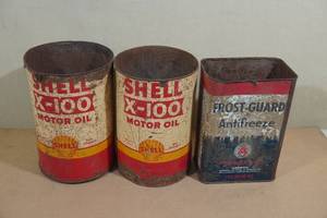 lot 192 image: 1950s Shell X-100 Motor Oil 5 Qt Cans and Antifreeze Can