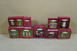 lot 245 image: 10 Vintage Hallmark Keepsake Christmas Ornaments -Victorian Sleigh, Playful Snowman, Jolly Locomotive