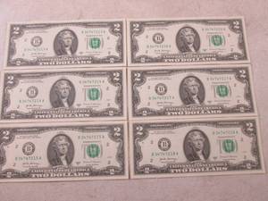 (CNTR) 6 Uncirculated Sequential $2 Bills