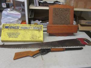 (RM5) Vintage Saw 54 Long, Red Ryder BB Gun in Rough Shape Not Working, Windshield Wiper Display and Wood Wall Organizer