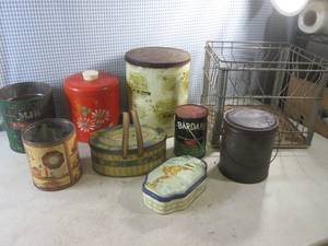 (F-3) Vintage Tins and Cans in Vintage Metal Milk Crate