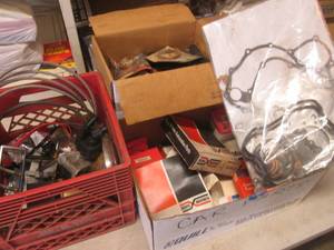 (D-2) 2 Boxes 1 Plastic Milk Crate Full of Assorted Vintage Automotive Parts Etc