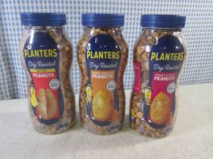 (C-3) 3 Jars Planters Dry Roasted Peanuts 1 Each of Salted, Honey Roasted and Sweet &amp Spicy 16oz Out of Date