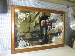 (BR1) Large Wood Framed Mirror with Etching Decor 40 x 28 Cam be Hung Either Way