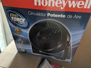 Box containing a fan, and various office supplies