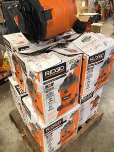 Pallet of Assorted Ridgid WetDry Shop Vacs  Various Sizes and Conditions  Customer Returns See Pictures