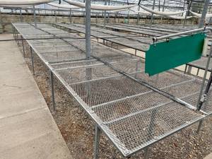 lot 3 image: Five Tables - Fixed. Expanded metal 3 ft. high greenhouse growing tables.