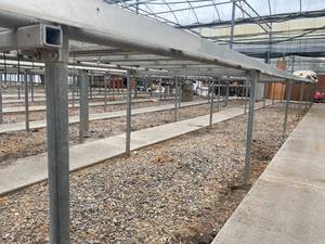 lot 6 image: Six Tables - Fixed. Expanded metal 3 ft. high greenhouse growing tables. 