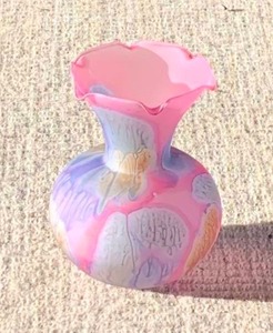 lot 94 image: Mesmerizing handpainted Reuven Glass vase, Heavenly blue art nouveau low dish, Black wood candlestick
