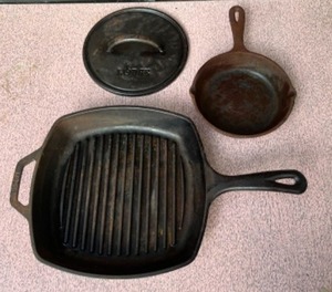 lot 5 image: Lodge USA Skillet Griddle Pan 8SGP 10.5 inch Square Double-Handle Cast Iron with Grill Bars, Lodge L8RFIP 8-Inch Round Cast Iron Grill Press, 6-Inch Round Cast Round Pan Taiwan