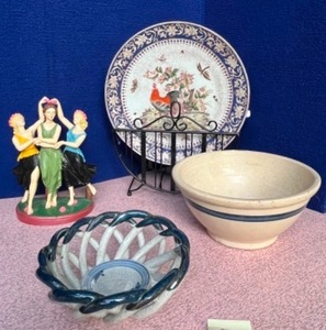 lot 48 image: Vintage Chinese Export Huarong Tang Zhi Hand Painted Rooster Porcelain Plate, Pottery Fruit Basket, Blue-Band Yellow-Ware Bowl, Chalk-Ware Ballerinas