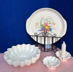 lot 42 image: Vintage Red Wing CandleholdersServing Dish & Oven-Proof Ballerina Fruit & Floral Chop Serving Platter