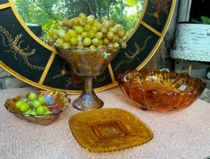 lot 47 image: Collectible Gold Depression Amber Glass Serving Dishes Compote Relish Fruit Bowl