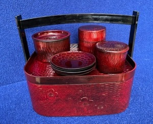 lot 43 image: Vintage Kamakura Bori Lacquerware Carved Sakura Design Utensil Set Tray Tea Cup Spiller Strainer Canister Japanese Tableware Lacquer Ware Traditional Craftwork