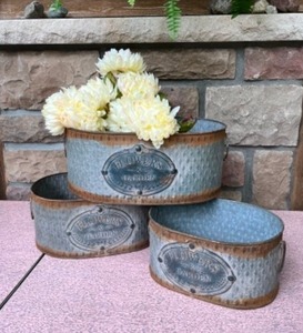 lot 37 image: (3) Decorative Home & Garden Galvanized Metal Flower Storage Bins...