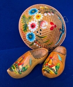lot 20 image: Hand Painted Wooden Dutch Shoes Clogs Windmill Design, Hand Woven Wicker Rattan Sun Hat...
