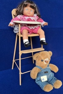 lot 59 image: Vintage 1950s Amsco Metal Doll Highchair - Lee Bib-Overall Denim Jeans Advertising Teddy Bear - Pink Girl Don Doll