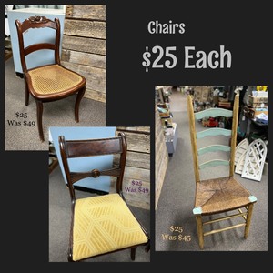 lot 70 image: (3) Vintage Unique Accent Chairs...Ladder-Back wWoven Wicker Seat, Duncan Phyfe wUpholstered Seat, Hand Carved Back wCane Seat