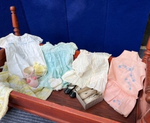 lot 68 image: Vintage Baby Doll Infant Clothes, Shoes, Porcelain Bootie Etc