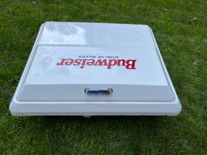 lot 4 image: Pontoon Boat Vintage Metal Drop-In Ice Chest Cooler Compartment Pre-Molded Fiberglass Insert w Hydraulic Lid Budweiser Decal Portable Party Bar Cooler...