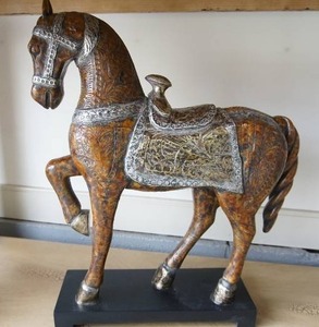 lot 4 image: Vintage Large Heavy Signed By Artist Tang-Style Metal Horse in Bronzed-Silvered Finish on Base Pony Carousel-Style Statue