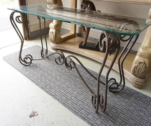 lot 5 image: Beautiful Heavy Beveled-Top Glass Console Table with Ornate Metal Scrolled Leaf Base