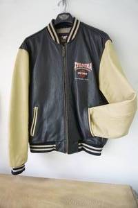 lot 38 image: Mens Large Leather Coat Zylstra Harley Davidson Elk River Minnesota Black with Tan Sleeves Letterman Bomber Jacket