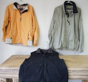 lot 50 image: Vintage Clothing Yellow Orange Woolrich, Taupe Gray Columbia Zipper Jacket Coat Windbreaker, PURE Alaska Black Zipper Vest