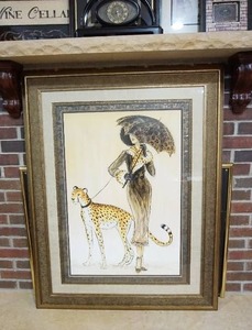 lot 11 image: Large 36 x 47 Print Lady Umbrella Cougar on Leash Cosmopolitan 45061 M-35 Uniquely Textured Frame