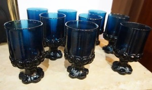 lot 59 image: Vintage MCM Tiffin Franciscan Ware Madeira Cobalt Blue Glass Water Wine Goblet Stemware Drink Glasses...