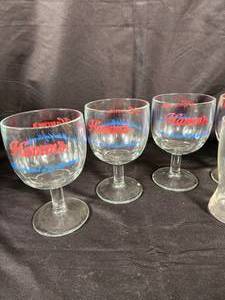 lot 61 image: Set of 6 Vintage Hamms Beer Goblets Born the Land of Sky Blue Waters Thumbprint Glass