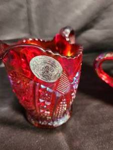 lot 68 image: Vintage Indiana Carnival Iridescent Glass Red Sunset Sugar Bowl and Creamer Set
