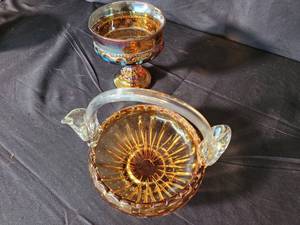 lot 237 image: Vintage Amber Depression Carnival Glass Goblet and BasketHandled Bowl
