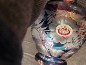 lot 259 image: Iridescent Blue Heart and Floral Etched Vase