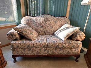 lot 19 image: Vintage Camel Back Upholstered Loveseat
