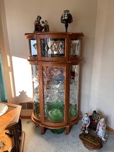 lot 22 image: Beautiful Wood Curved Curio Cabinet with Beveled Window and Mirror (Contents Not Included)
