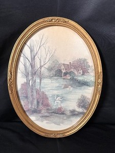 lot 95 image: Framed Print of Frank Massa Painting Lake Cottage Swan Trees Vintage 1980s