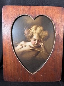 lot 97 image: Vintage Set of Art Nouveau Heart Framed Cupid Asleep and Cupid Awake in Wooden Frames
