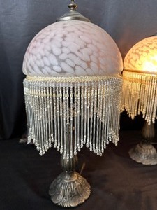 lot 110 image: Two Vintage Art Deco Metal Base with Glass and Beaded Shade Lights