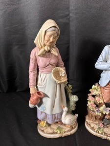 lot 119 image: Vintage Homco Hand Painted Lady with Goose Farm Life and Man Gardener Figurines -13.5 Tall