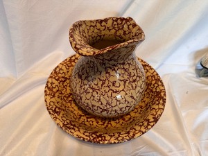lot 154 image: Brown and Cream Speckled Water Pitcher and Bowl