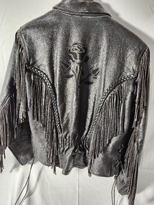 lot 28A image: Vintage Womens Leather Fringe Motorcycle Jacket The Black Rose
