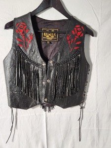 lot 30 image: Vintage Womens Black Leather Fringe with Suede Red Rose Flower Vest - Size XS