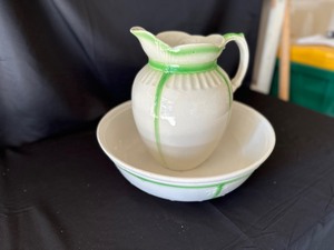 lot 101 image: Ceramic Pitcher and Bowl, White with Green
