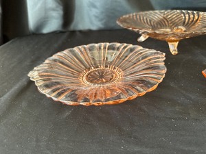 lot 103 image: Vintage Depression Glass Pink Swirl Bowl, Candy Dish, Footed Candy Dish, and 10 Plates