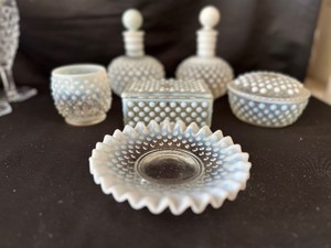lot 118 image: Fenton Art White Hobnail Decanters, Covered Candy Dishes, Vase and Ruffled Plate