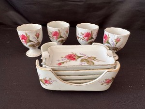 lot 121 image: Vintage Porcelain Hand Painted Nesting Ashtrays with Floral Design and Matching Egg Cups