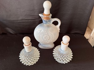 lot 134 image: Jim Beam Decanter Royal Opal Glass and Two Moonstone Opalescent Hobnail Perfume Bottles