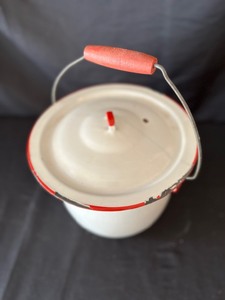 lot 155 image: Vintage White Enamel Pot with Red Rim, Cover and Handle