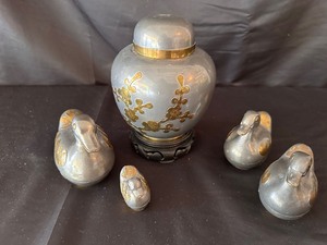 lot 156 image: Vintage Heavy Asian Pewter Brass Cherry Blossom GingerTea Jar Canister and Vintage Pewter Duck Box Set